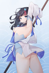 Rule 34 | absurdres, arm up, armpits, ass, black hair, blue background, blue ribbon, blunt bangs, blush, breasts, closed mouth, detached sleeves, fate/grand order, fate (series), from side, gradient background, highres, holding, holding staff, jewelry, long hair, long sleeves, looking at viewer, looking to the side, magatama hair ornament, medium breasts, multicolored hair, necklace, patterned background, red hair, revealing clothes, ribbon, seigaiha, sideboob, solo, staff, streaked hair, thighs, two-sided fabric, two-sided skirt, utsumi erice, ziro (zirorong)