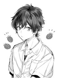 Rule 34 | 1boy, bad id, bad twitter id, breast pocket, character request, collared shirt, commentary request, copyright request, frown, greyscale, ito22oji, looking at viewer, male focus, monochrome, pocket, shirt, short sleeves, simple background, solo, strawberry background, upper body, virtual youtuber, white background