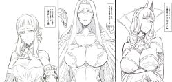 Rule 34 | 3girls, anger vein, breasts, carmilla (fate), commentary request, curly hair, fate/grand order, fate (series), gorgon (fate), greyscale, grin, highres, large breasts, long hair, looking at viewer, medusa (fate), medusa (rider) (fate), monochrome, multiple girls, nakamura regura, penthesilea (fate), rider, sketch, smile, translation request, white background