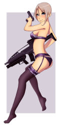 Rule 34 | 1girl, alliant techsystems, ass, blue eyes, bra, breasts, brown hair, feet, garter belt, gun, h&amp;k xm8, heckler &amp; koch, large breasts, lingerie, military program, mrsy.ai, oicw increment 1 (military program), oicw increments (military program), original, panties, short hair, sideboob, solo, thighhighs, underwear, underwear only, weapon