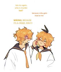 Rule 34 | 1boy, 1girl, blonde hair, bow, cheek pinching, commentary, cropped torso, english commentary, english text, hair bow, hair ornament, hairclip, highres, kagamine len, kagamine rin, long sleeves, looking at another, looking to the side, mikurinkuwu, neckerchief, necktie, one eye closed, pinching, ponytail, sailor collar, v-shaped eyebrows, vocaloid