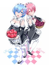 Rule 34 | 10s, 2girls, apple, apron, back-to-back, bakuchiku, bare shoulders, basket, black ribbon, blue eyes, blue hair, blunt bangs, blush, breasts, bucket, character name, checkered floor, cleavage, closed mouth, collar, detached collar, detached sleeves, eyebrows, eyelashes, floor, food, frilled collar, frilled hairband, frilled sleeves, frills, from above, fruit, full body, hair between eyes, hair ornament, hair over one eye, hairband, highres, holding, long sleeves, looking at viewer, maid, maid apron, maid headdress, medium breasts, multiple girls, open mouth, pantyhose, pink eyes, pink hair, pink ribbon, purple ribbon, ram (re:zero), re:zero kara hajimeru isekai seikatsu, rem (re:zero), ribbon, ribbon-trimmed clothes, ribbon trim, shoes, short hair, siblings, simple background, sisters, small breasts, smile, standing, sweet potato, teeth, tile floor, tiles, tongue, twins, underbust, upper teeth only, white background, white legwear, wide sleeves, x hair ornament