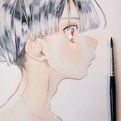Rule 34 | 1other, androgynous, art brush, art tools in frame, bowl cut, close-up, commentary request, eye focus, from side, grey hair, highres, nanakami mana, orange eyes, original, paintbrush, painting (medium), parted lips, photo (medium), portrait, profile, short hair, simple background, traditional media, watercolor (medium)