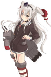 Rule 34 | 10s, 1girl, amatsukaze (kancolle), bad id, bad pixiv id, blush, brown eyes, dress, garter straps, gloves, highres, kaipankun, kantai collection, long hair, looking at viewer, personification, red thighhighs, rensouhou-kun, sailor dress, school uniform, short dress, silver hair, solo, striped clothes, striped thighhighs, thighhighs, torpedo, twintails, two side up, zettai ryouiki