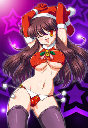 Rule 34 | 1girl, ;d, arms up, breasts, brown hair, cameltoe, christmas, cleft of venus, covered erect nipples, elbow gloves, female focus, gloves, hat, large breasts, latex, latex gloves, long hair, navel, one eye closed, open mouth, orange eyes, original, red gloves, santa costume, santa hat, smile, solo, tanuki yousuke, thighhighs, underboob, wink