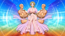 Rule 34 | 1girl, 2boys, akiranime, ancient greek clothes, animated, animated gif, animated png, aphrodite (shuumatsu no valkyrie), blinking, blonde hair, blue eyes, breasts, cleavage, crossed legs, dark-skinned male, dark skin, facing viewer, flower, glowing, grabbing, grabbing another&#039;s breast, gradient background, greco-roman clothes, greek mythology, hair flower, hair ornament, hands on another&#039;s shoulders, huge areolae, huge breasts, interracial, looking at viewer, multiple boys, see-through, shuumatsu no valkyrie, sitting, wavy hair