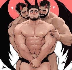 Rule 34 | 3boys, :s, abs, bara, beard, black male underwear, blush, boy sandwich, briefs, bulge, covering privates, covering crotch, crotch grab, demon boy, demon horns, demon wings, dopey (dopq), facial hair, fingernails, groping, group sex, highres, horns, interspecies, kiss, kissing neck, large pectorals, male focus, male underwear, mature male, mmm threesome, monster boy, multiple boys, muscular, muscular male, navel, navel hair, nipples, original, paid reward available, pectorals, pointy ears, sandwiched, sharp fingernails, short hair, stomach, thick eyebrows, thick thighs, thighs, threesome, underwear, underwear only, wings, yaoi