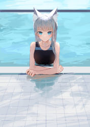 Rule 34 | 1girl, animal ear fluff, animal ears, asymmetrical hair, bad id, bad pixiv id, bare shoulders, blue archive, blue eyes, closed mouth, collarbone, competition swimsuit, cross hair ornament, crossed arms, expressionless, extra ears, green hair, grey hair, hair ornament, highres, ichika (ichika87), long hair, looking at viewer, mismatched pupils, one-piece swimsuit, partially submerged, pool, poolside, shiroko (blue archive), shiroko (swimsuit) (blue archive), single sidelock, solo, swimsuit, tile floor, tiles, water