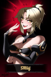 Rule 34 | 1girl, affliction (darkest dungeon), arm under breasts, artist name, bandeau, bare shoulders, black bandeau, blush, breasts, chest jewel, cleavage, commentary, cropped torso, dark persona, darkest dungeon, detached collar, detached sleeves, english commentary, english text, fangs, fate/apocrypha, fate/grand order, fate (series), gradient background, hair ornament, highres, light blush, looking at viewer, medium breasts, mordred (fate), mordred (fate/apocrypha), open mouth, ponytail, short hair, signature, smile, solo, yellow eyes, zealyush