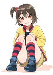 Rule 34 | 1girl, blue footwear, brown hair, child, hair bobbles, hair ornament, hands on own knees, highres, jacket, kneehighs, love live!, love live! school idol project, musshu (omu001), one side up, open clothes, open jacket, open mouth, red eyes, red socks, shoes, shorts, simple background, sitting, socks, solo, striped clothes, striped socks, wavy mouth, white background, yazawa cocoa, yellow jacket