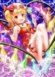 Rule 34 | 1girl, :d, alternate costume, bare shoulders, blonde hair, blush, bow, breasts, camisole, choker, crescent, crystal, fang, flandre scarlet, frilled choker, frilled thighhighs, frills, full body, hat, hat bow, high heels, looking at viewer, mob cap, open mouth, orange eyes, red bow, shoes, side ponytail, skin fang, small breasts, smile, solo, sparkle, star (symbol), thighhighs, thighs, touhou, uemura shun, unworn shoes, wand, white hat, white thighhighs, wings, wrist cuffs
