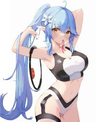 Rule 34 | 1girl, absurdres, adjusting hair, alternate costume, alternate hairstyle, armpits, arms up, blue hair, breasts, bsmycc, cleavage, commentary request, daifuku (yukihana lamy), flower, hair flower, hair ornament, highres, hololive, large breasts, long hair, looking at viewer, pointy ears, simple background, solo, virtual youtuber, white background, yellow eyes, yukihana lamy
