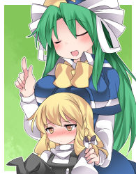 Rule 34 | 2girls, blonde hair, blue dress, blush, bow, braid, breasts, capelet, commentary request, dress, closed eyes, green hair, hammer (sunset beach), hat, unworn hat, unworn headwear, kirisame marisa, large breasts, long hair, mima (touhou), multiple girls, open mouth, single braid, smile, touhou, touhou (pc-98), yellow bow, yellow eyes