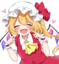 Rule 34 | 1girl, ascot, blonde hair, blush, bow, closed eyes, fang, fingersmile, flandre scarlet, hair bow, hat, heart, highres, mob cap, one side up, open mouth, red vest, shinonome asu, shirt, simple background, smile, solo, touhou, vest, white background, white hat, white shirt, wings, wrist cuffs, yellow ascot