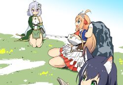 Rule 34 | 3girls, ahoge, animal ear fluff, animal ears, antenna hair, ascot, black hair, blonde hair, blue eyes, blush, breasts, cat ears, cat girl, cleavage, closed mouth, commentary request, dress, flat chest, flower, frilled skirt, frills, full body, green dress, green eyes, grey hair, hair between eyes, hair flower, hair ornament, karyl (princess connect!), kokkoro (princess connect!), large breasts, long bangs, looking at another, manatsu no yo no inmu, medium bangs, multiple girls, mushi gyouza, open mouth, pecorine (princess connect!), princess connect!, profile, purple eyes, red ascot, rock, seiza, short hair, sitting, skirt, sleeveless, sleeveless dress, smile, two-tone dress, white dress, white flower, white skirt