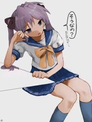 Rule 34 | 1girl, blue sailor collar, blue skirt, blue socks, bow, brown ribbon, ccnaov, grey background, grey eyes, hair ribbon, hand on own cheek, hand on own face, head rest, highres, hiiragi kagami, invisible chair, kneehighs, long hair, lucky star, pleated skirt, puffy short sleeves, puffy sleeves, purple hair, ribbon, ryouou school uniform, sailor collar, school uniform, serafuku, shirt, short sleeves, simple background, sitting, skirt, socks, solo, speech bubble, sweatdrop, twintails, white shirt, yellow bow