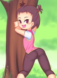 Rule 34 | 1girl, against tree, ass, blush, brown eyes, brown pants, digimon, digimon tamers, drantyno, flat chest, from behind, grass, highres, li shaochung, looking at viewer, looking back, open mouth, pants, pink vest, purple hair, shirt, short hair, short sleeves, smile, standing, teeth, tree, twintails, vest, white shirt