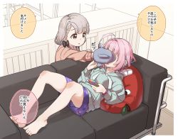 Rule 34 | 2girls, :o, ahoge, barefoot, black ribbon, blue hair, blue hoodie, braid, braided bangs, brown eyes, brown sweater, cellphone, commentary, commentary request, couch, drawstring, grey hair, hair over shoulder, hair ribbon, hand puppet, highres, hisakawa nagi, holding, holding phone, hood, hood down, hoodie, idolmaster, idolmaster cinderella girls, in the face, long hair, long sleeves, low twintails, lying, multicolored hair, multiple girls, on back, on couch, parted lips, phone, pillow, pink hair, puppet, purple skirt, ribbon, ringorou (idolmaster), skirt, streaked hair, sweater, translation request, twintails, yukie (kusaka shi), yumemi riamu