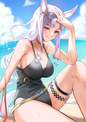 Rule 34 | 1girl, animal ears, bare shoulders, black one-piece swimsuit, blue sky, breasts, cleavage, cloud, cloudy sky, commentary request, ear ornament, eyewear on head, feet out of frame, gold ship (run revolt launcher) (umamusume), gold ship (umamusume), grin, hand in own hair, highres, horse ears, horse girl, horse tail, kinoyama (0202), large breasts, long hair, looking at viewer, o-ring, o-ring swimsuit, official alternate costume, one-piece swimsuit, outdoors, red eyes, sky, smile, solo, sunglasses, swimsuit, tail, thigh strap, umamusume
