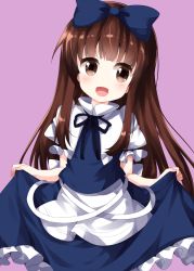 Rule 34 | 1girl, apron, blue bow, blue dress, blue ribbon, blunt bangs, bow, brown eyes, brown hair, capelet, cowboy shot, dress, hair bow, highres, holding, holding clothes, holding dress, long hair, looking at viewer, neck ribbon, open mouth, puffy short sleeves, puffy sleeves, purple background, ribbon, ruu (tksymkw), short sleeves, simple background, smile, solo, standing, star sapphire, touhou, waist apron, white apron, white capelet