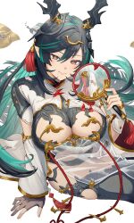 Rule 34 | 1girl, black hair, breasts, colored inner hair, dragon horns, draph, gloves, gradient eyes, granblue fantasy, green hair, hand fan, highres, holding, holding fan, horns, large breasts, long hair, mole, mole under mouth, multicolored eyes, multicolored hair, partially fingerless gloves, payila (granblue fantasy), pointy ears, see-through, shinoho, signature, smile, very long hair, white background