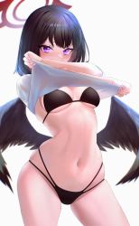 Rule 34 | 1girl, absurdres, bikini, bikini under clothes, black bikini, black hair, blue archive, blush, bob cut, breasts, clothes lift, contrapposto, covered mouth, cowboy shot, halo, highres, kazane-wind, lifting own clothes, low wings, mashiro (blue archive), medium breasts, multi-strapped bikini, navel, purple eyes, shirt, shirt lift, short hair, skindentation, solo, stomach, sweatdrop, swimsuit, thighs, white background, white shirt, winged halo, wings