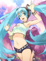 Rule 34 | 1girl, :d, aqua eyes, aqua hair, bare shoulders, bracelet, breasts, building, crop top, hair between eyes, hatsune miku, headset, highres, jewelry, letro, long hair, matching hair/eyes, midriff, navel, open mouth, short shorts, shorts, small breasts, smile, solo, twintails, v, very long hair, vocaloid