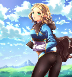 Rule 34 | 1girl, ass, blonde hair, blue shirt, blue sky, breasts, cape, elf, fingerless gloves, gloves, grass, green eyes, hair ornament, hairclip, highres, leggings, looking at viewer, medium breasts, nintendo, pants, parted lips, pointy ears, princess zelda, shiny clothes, shirt, short hair, sideboob, sky, solo, the legend of zelda, the legend of zelda: breath of the wild, the legend of zelda: tears of the kingdom, yozu