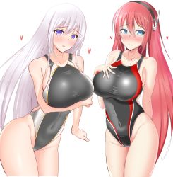 Rule 34 | 2girls, aki (akiiiiiiiii1875), azur lane, black hairband, black one-piece swimsuit, blue eyes, blush, breasts, commentary request, competition swimsuit, covered navel, cowboy shot, enterprise (azur lane), hair between eyes, hairband, headgear, heart, highleg, highleg swimsuit, highres, large breasts, leaning forward, long hair, looking at viewer, multiple girls, one-piece swimsuit, purple eyes, ranger (azur lane), red hair, silver hair, simple background, standing, swimsuit, taut clothes, taut swimsuit, very long hair, white background