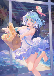 Rule 34 | &gt; &lt;, 1girl, :o, ahoge, artist name, atdan, bag, baguette, bare arms, bare legs, bare shoulders, barefoot, basket, blue bow, blue eyes, blue hair, bow, bread, breasts, candy, collarbone, commentary, dress, fang, feet, food, haiyi, halter dress, halterneck, hat, highres, jellyfish, leg up, light particles, lollipop, long hair, medium breasts, open mouth, plastic wrap, shopping bag, sidelocks, sleeveless, sleeveless dress, solo, swirl lollipop, synthesizer v, thighs, water, white dress