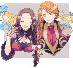 Rule 34 | 1boy, 1girl, :d, ^ ^, alternate hairstyle, armor, ascot, bow, braid, breasts, brown hair, cleavage, closed eyes, closed mouth, dorothea arnault, earrings, ferdinand von aegir, fire emblem, fire emblem: three houses, flower, frilled sleeves, frills, grey background, hair bow, hand up, jacket, jewelry, long hair, looking at another, medium breasts, nintendo, open mouth, orange eyes, orange hair, pauldrons, red ascot, red jacket, shoulder armor, single braid, smile, tenjin (ahan), upper body