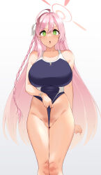 Rule 34 | 1girl, :o, ahoge, bare hips, bare legs, bare shoulders, blue archive, blue one-piece swimsuit, braid, breasts, clothes pull, collarbone, feet out of frame, frontal wedgie, green eyes, halo, hanako (blue archive), highres, large breasts, long hair, looking at viewer, nishi (count2.4), one-piece swimsuit, one-piece swimsuit pull, open mouth, pink hair, pussy, self wedgie, simple background, solo, straight-on, swimsuit, very long hair