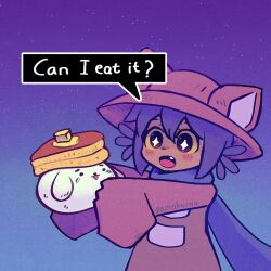 1other ? aamakuruu androgynous animal_ears animal_hat blush brown_poncho cat_hat colored_sclera english_text fang food hair_between_eyes hat holding medium_hair niko_(oneshot) omori oneshot_(game) open_mouth pancake pancake_bunny_(omori) purple_hair purple_scarf quest scarf sleeves_past_fingers sleeves_past_wrists space sparkling_eyes speech_bubble tunic very_long_sleeves watermark whiskers yellow_sclera