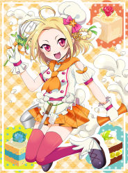 Rule 34 | 1girl, :d, ahoge, blonde hair, bow, cake, chef hat, flower knight girl, food, frills, full body, gloves, hat, hat bow, highres, looking at viewer, masako (sabotage-mode), open mouth, orange scarf, orange skirt, plaid, plaid skirt, red bow, red eyes, red thighhighs, scarf, shoes, short hair, skirt, smile, solo, spatula, thighhighs, whisk, white gloves, white hat, yadorigi (flower knight girl)