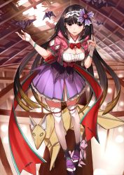 Rule 34 | 1girl, :&gt;, bat (animal), black hair, blush, bow, bowtie, breasts, cleavage, cleavage cutout, clothing cutout, fate/grand order, fate (series), fingerless gloves, flower, fox, gloves, hair flower, hair ornament, hole, hole in ceiling, kneehighs, large breasts, long hair, looking at viewer, moriyama daisuke, origami, osakabehime (fate), purple eyes, red bow, red bowtie, smile, socks, solo, standing, sunlight, very long hair, white gloves