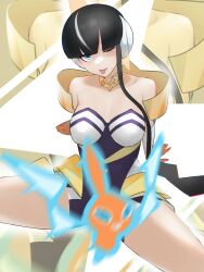 Rule 34 | 1girl, ;p, black hair, blue eyes, blunt bangs, blurry, breasts, cleavage, closed mouth, collarbone, commentary, creatures (company), elesa (pokemon), elesa (sygna suit) (pokemon), game freak, gen 4 pokemon, gloves, headphones, highres, keiaizenfeld, looking at viewer, medium breasts, motion blur, multicolored hair, nintendo, official alternate costume, one eye closed, orange gloves, pokemon, pokemon (creature), pokemon masters ex, rotom, rotom (normal), short hair with long locks, smile, spread legs, streaked hair, tongue, tongue out