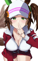 Rule 34 | + +, 1girl, animal ears, bent over, breasts, brown hair, cleavage, cowboy shot, ear covers, finger to mouth, freckles, green eyes, highres, horse ears, horse girl, horse tail, index finger raised, ines fujin (umamusume), jacket, large breasts, light blush, long hair, long sleeves, looking at viewer, natu atusugi, partially unzipped, short shorts, shorts, shushing, side ponytail, simple background, single ear cover, solo, tail, track jacket, track suit, umamusume, visor cap, white background