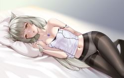 Rule 34 | 1girl, animal ears, arm behind back, black pantyhose, breasts, camisole, cat ears, chest jewel, cleavage, grey hair, highres, light blush, long hair, looking at viewer, lying, matrix16, midriff, mio (xenoblade), navel, no pants, official alternate hairstyle, on side, panties, panties under pantyhose, pantyhose, solo, spoilers, stomach, strap slip, underwear, white camisole, xenoblade chronicles (series), xenoblade chronicles 3, yellow eyes