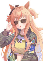 Rule 34 | 1girl, animal ears, aviator sunglasses, bomber jacket, crop top, crop top overhang, dog tags, green jacket, highres, horse ears, jacket, jungle, light blush, long hair, long sleeves, looking at viewer, mayano top gun (umamusume), nature, navel, open clothes, open jacket, open mouth, orange hair, simple background, solo, sunglasses, two side up, umamusume, upper body, white background, yukke jan