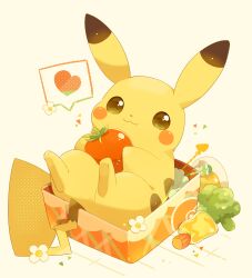 Rule 34 | :3, box, brown eyes, closed mouth, commentary request, creatures (company), flower, food, fruit, game freak, gen 1 pokemon, happy, heart, highres, holding, holding food, holding fruit, in box, in container, looking at viewer, lying, nintendo, no humans, on back, pikachu, pokemon, pokemon (creature), smile, solo, spoken heart, ushiina, white background, white flower