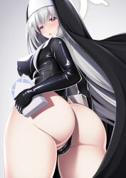 Rule 34 | 1girl, :o, absurdres, ass, black dress, black gloves, black panties, blue archive, blush, book, cleft of venus, commentary request, covered erect nipples, crossed bangs, dress, gloves, grey background, grey hair, halo, headdress, highres, holding, holding book, katubusi kisimen, looking at viewer, nun, open mouth, panties, partially visible vulva, purple eyes, sakurako (blue archive), simple background, solo, twisted torso, underwear