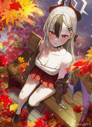 1girl absurdres alternate_costume artist_name bare_shoulders black_hair blue_archive breasts camisole choker cleavage commentary demon_girl demon_horns demon_wings ear_piercing food hair_between_eyes highres holding holding_food horns hovaku kayoko_(blue_archive) leaf looking_at_viewer looking_up maple_leaf medium_breasts miniskirt multicolored_hair on_bench piercing pleated_skirt purple_wings red_eyes red_skirt single_wing sitting skirt solo spiked_choker spikes streaked_hair thighs white_camisole white_hair wings