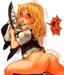 Rule 34 | 1girl, ahegao, ass, bar censor, blonde hair, blush, bottomless, braid, camisole, censored, cum, drooling, girl on top, hat, unworn hat, unworn headwear, heart, heart-shaped pupils, kirisame marisa, long hair, looking back, motion blur, motion lines, penis, ribbon, sachito, saliva, sex, simple background, single braid, solo focus, straddling, sweat, symbol-shaped pupils, text focus, tongue, touhou, vaginal, white background, witch hat, wrist cuffs, yellow eyes