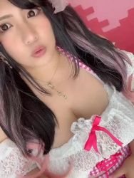 Rule 34 | 1girl, animated, asian, black hair, bouncing breasts, breasts, chouzuki maryou, cleavage, downblouse, large breasts, lipstick, looking at viewer, makeup, photo (medium), plump, solo, twintails, video, web, video