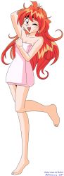 Rule 34 | 1990s (style), 1girl, arm up, armpits, barefoot, blush, breasts, cleavage, earrings, feet, flat chest, full body, headband, highres, jewelry, leg lift, lina inverse, long hair, naked towel, one eye closed, orange hair, pink eyes, red hair, retro artstyle, simple background, slayers, small breasts, solo, standing, towel, vector trace, very long hair, watermark, white background, wink