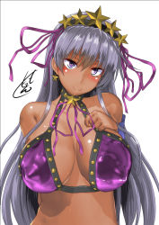 Rule 34 | 1girl, arm behind back, bare arms, bare shoulders, bb (fate), bb (fate) (all), bb (swimsuit mooncancer) (fate), blush, breast suppress, breasts, breasts apart, closed mouth, dark-skinned female, dark skin, earrings, fate/extra, fate/extra ccc, fate/grand order, fate (series), grey hair, hair spread out, hand up, head tilt, jewelry, large breasts, long hair, looking at viewer, midriff, nokishita kumoemon, purple ribbon, ribbon, shiny skin, signature, smile, solo, split mouth, star (symbol), star earrings, straight hair, tsurime, upper body, very dark skin, very long hair