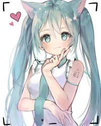 Rule 34 | 1girl, animal ears, aqua eyes, aqua hair, bad id, bad twitter id, bare shoulders, blouse, blush, cat ears, cat girl, commentary request, framed, hand on own chin, hatsune miku, heart, korean commentary, liby (libtnvd), long hair, necktie, shirt, shoulder tattoo, smile, solo, tattoo, twintails, upper body, very long hair, viewfinder, vocaloid, white background, white shirt