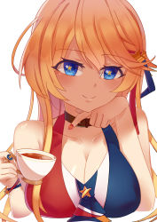 Rule 34 | 1girl, alternate costume, blonde hair, blue eyes, breasts, choker, cleavage, close-up, cup, iowa (kancolle), kantai collection, large breasts, looking at viewer, moon ash, multicolored shirt, nail polish, shirt, sleeveless, sleeveless shirt, smile, solo, star-shaped pupils, star (symbol), striped, symbol-shaped pupils, teacup, upper body, vertical stripes