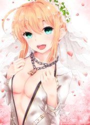 Rule 34 | 10s, 1girl, :d, ahoge, areola slip, bilibala, blonde hair, bodysuit, breasts, bridal veil, chain, cleavage, collarbone, falling petals, fate/extra, fate/extra ccc, fate (series), flower, green eyes, hair between eyes, hair intakes, head wreath, highres, looking at viewer, medium breasts, nero claudius (bride) (fate), nero claudius (fate), nero claudius (fate) (all), no bra, open mouth, patreon logo, petals, see-through, short hair with long locks, sidelocks, smile, solo, standing, stomach, teeth, unzipped, upper body, upper teeth only, veil, white background, white bodysuit, white flower