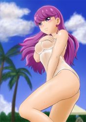Rule 34 | 1girl, blue sky, blurry, blurry background, blush, closed mouth, cloud, covering breasts, covering crotch, covering one breast, covering privates, day, earrings, embarrassed, eyelashes, floating hair, fuchi (nightmare), jewelry, kirakira precure a la mode, kotozume yukari, long hair, one-piece swimsuit, outdoors, palm tree, precure, purple eyes, purple hair, see-through, see-through swimsuit, sky, solo, standing, summer, swimsuit, tree, very long hair, wet, wet clothes, wet swimsuit, white one-piece swimsuit